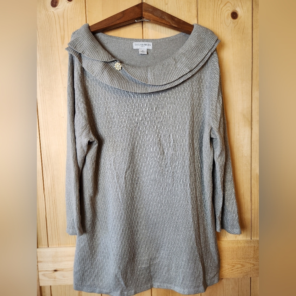 Sag Harbor Cowl Neck Silver Metallic Knit Fabric Button Detail Pull-On Sweater